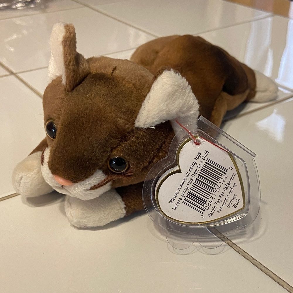 Ty Beanie Baby Pounce Brown and White Plush Cat Toy, 1OO